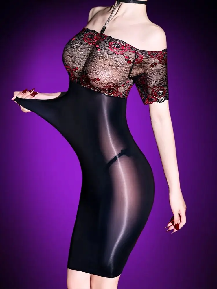 Krótki rękaw, koronkowe wstawki, błyszcząca, seksowna sukienka, transparentna vestido, nylonowe body, rajstopy, zestaw, mini spódniczka, odzież klubowa