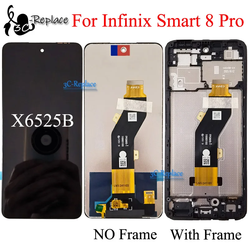 Black 6.6 Inch For Infinix Smart 8 Pro X6525B LCD Display Touch Screen Digitizer Panel Assembly Replacement / With Frame