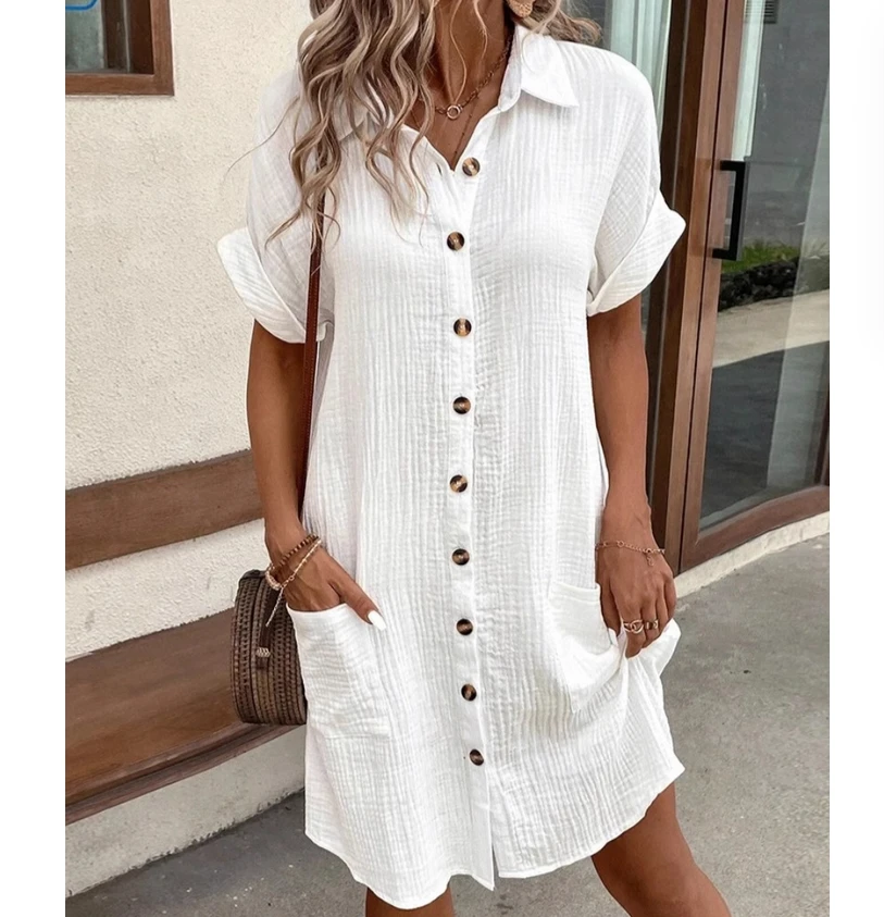 Kraag enkele rij comfortabele onregelmatige zoom casual katoen en linnen lange casual overhemdjurk lange rok met knoopsluiting en korte mouwen
