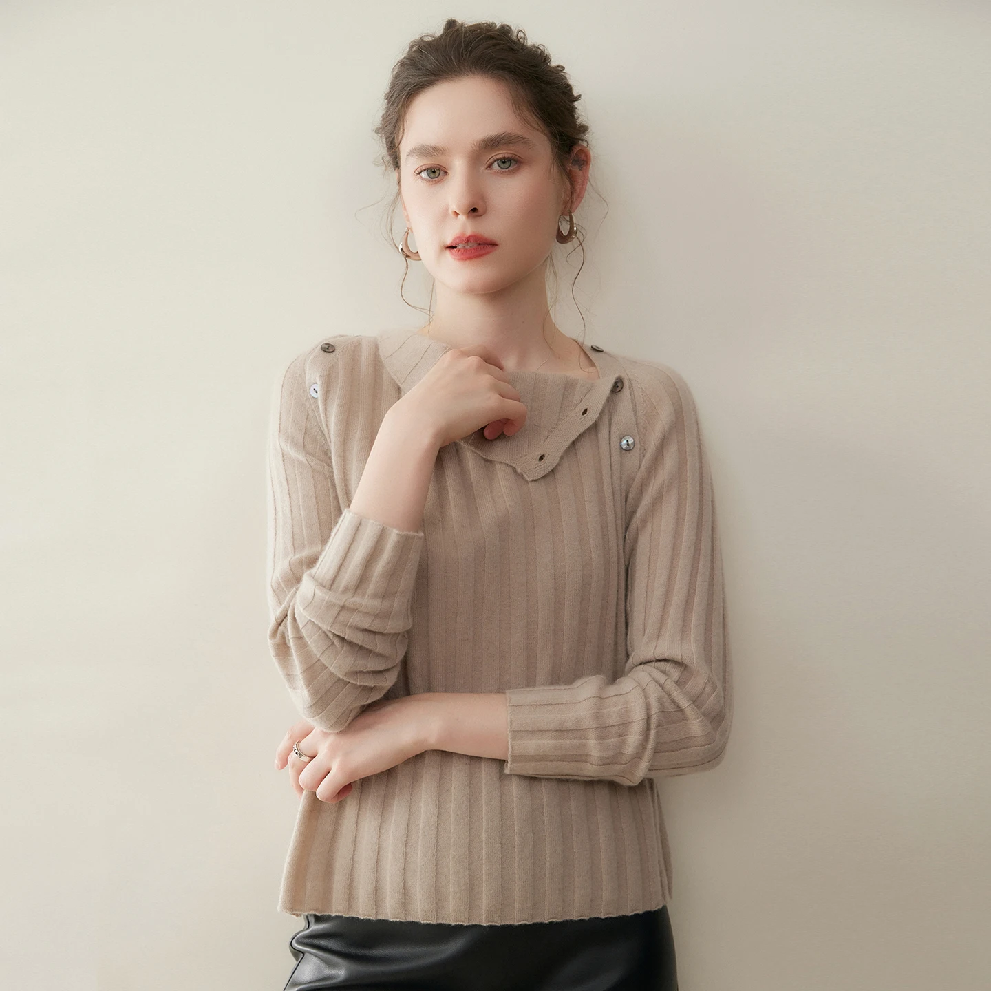 Cashmere Sweater Women One Shoulder Two Shoulder Open Button Pit Striped Long Sleeve Knitted Pullover Loose Slimming Look