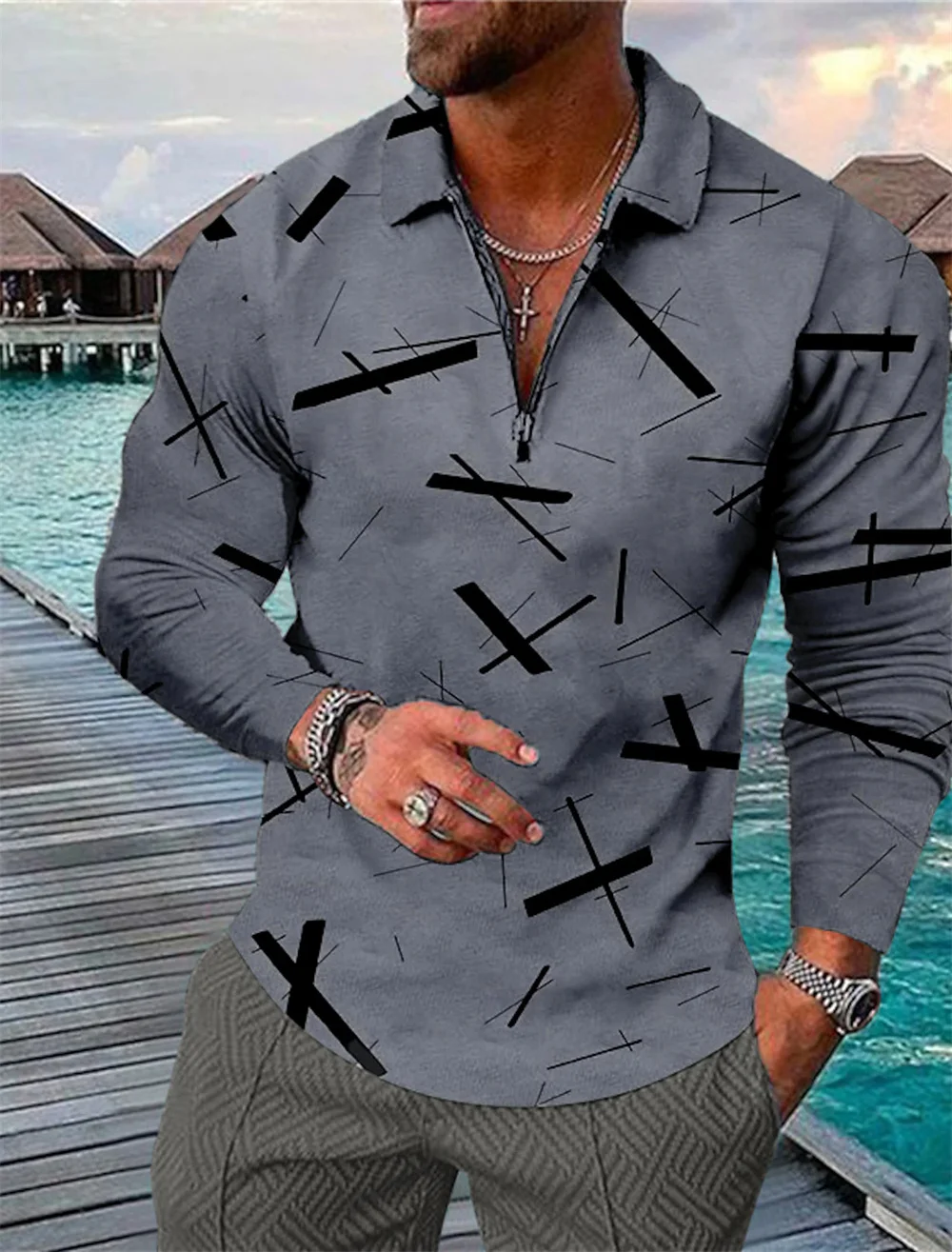 3D Pattern Print Golf Shirts Mens Hawaii Beach Zipper Design Mens Polo Shirts Tops Casual Sport Long Sleeve T-Shirt Man Clothing