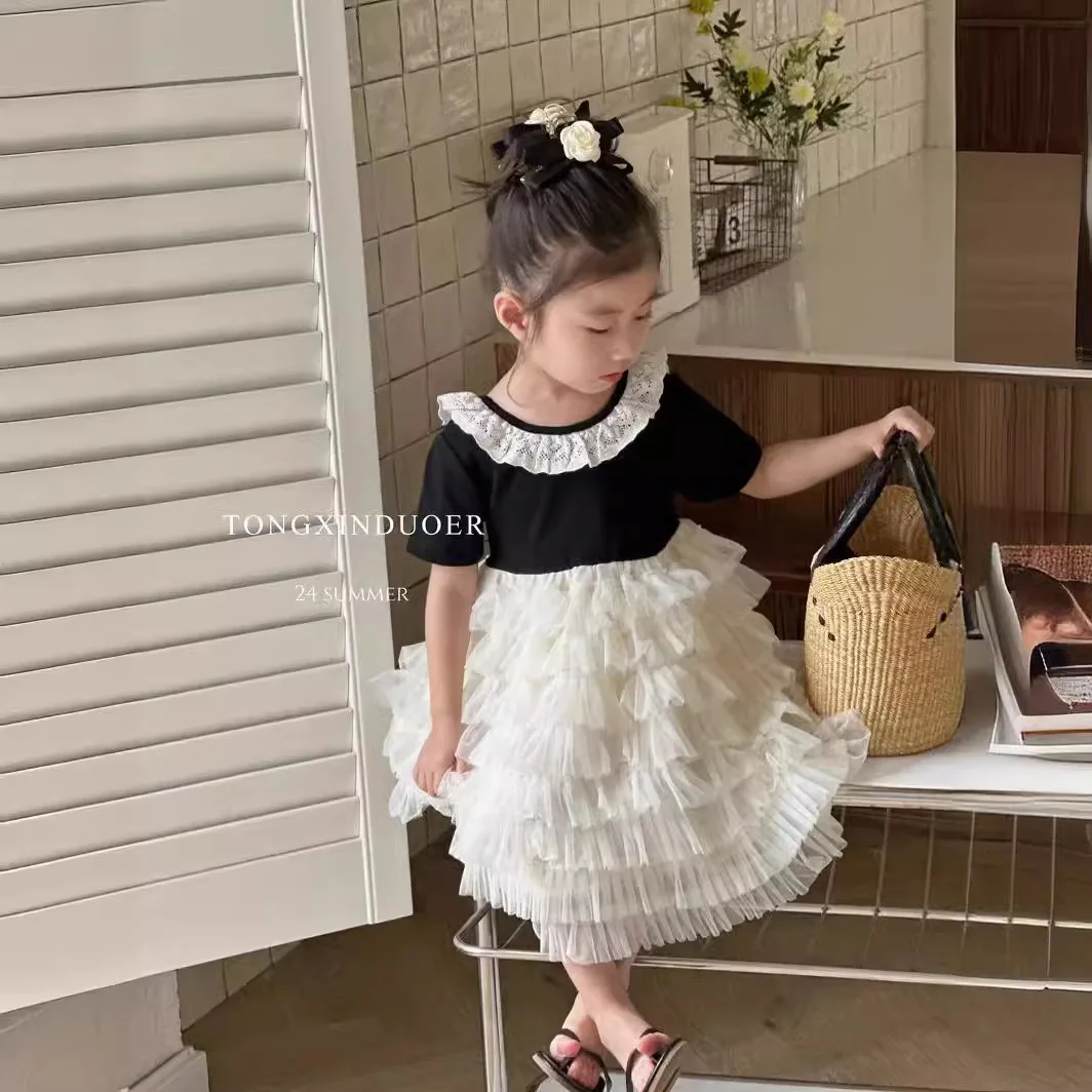 Girls Dress 2024 Summer New Style Girl Baby Hepburn Style Princess Dress Children Cake Simple Casual Style All-match Skirt