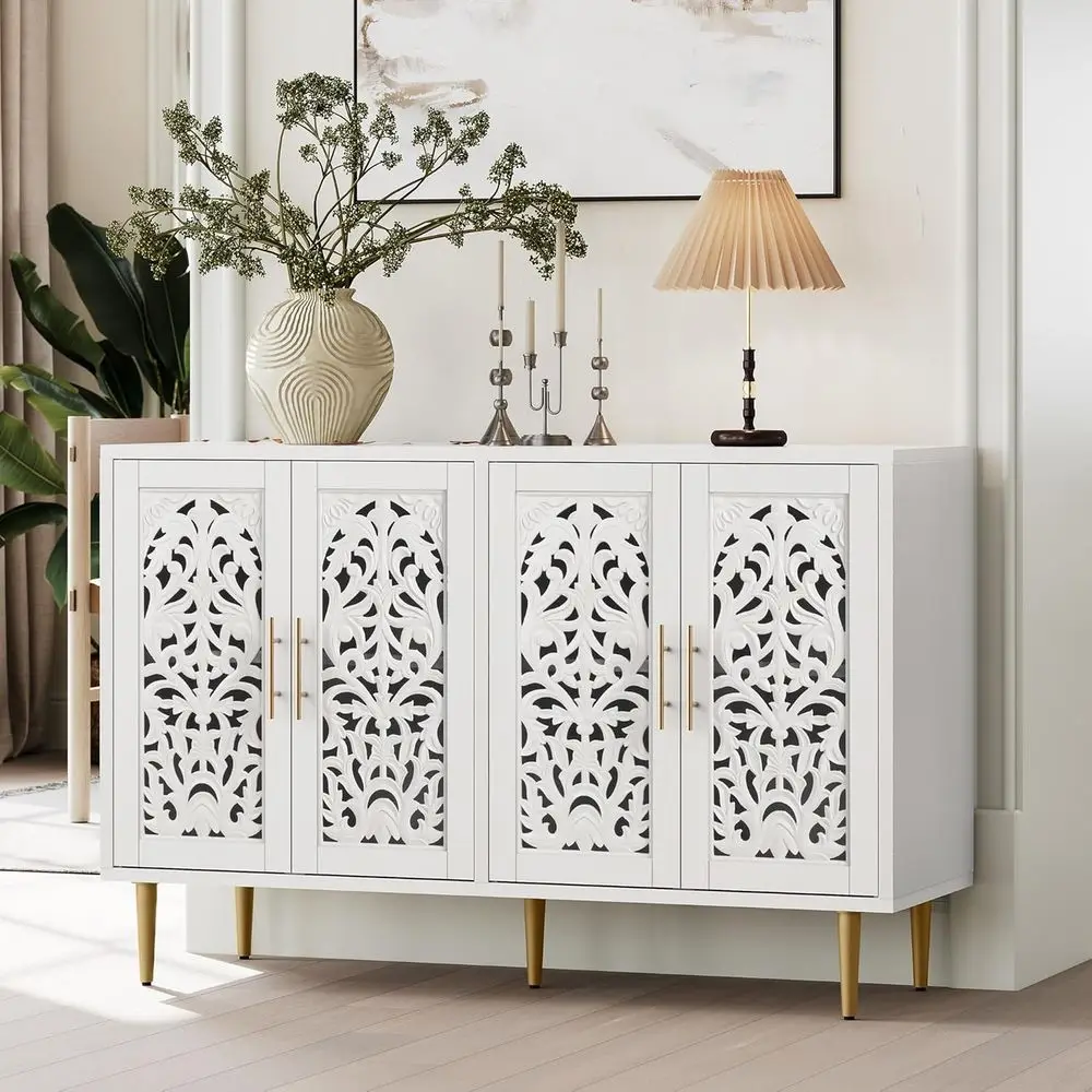 

Vintage Carved 4-Door Storage Cabinet, Suitable for Living Room, Kitchen, Dining Room, Entryway, and Hallway, White