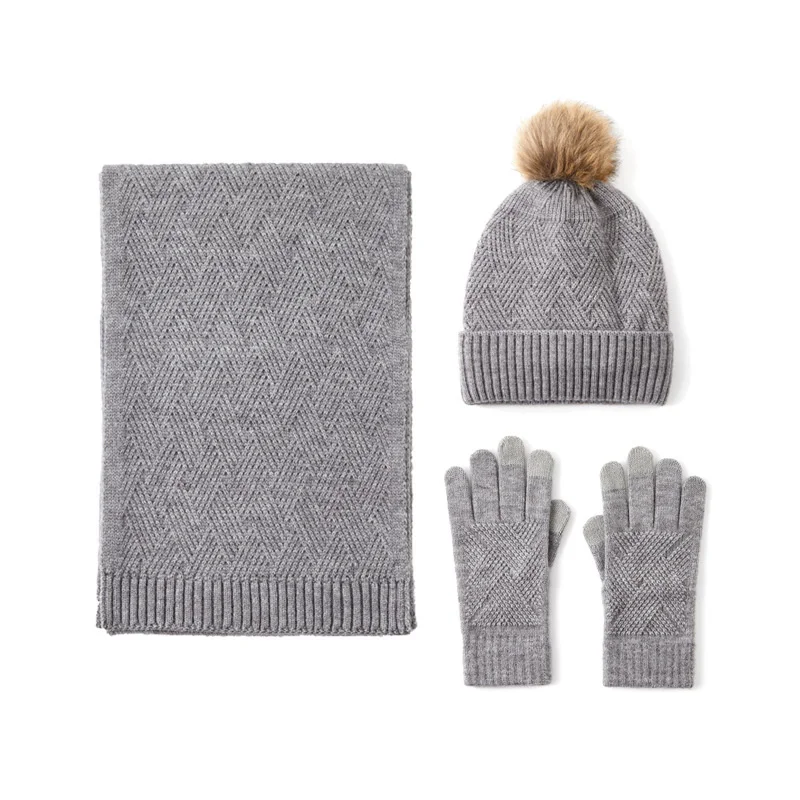 

Solid Color Wool Warm Hat Scarf Gloves three-piece Men And Women Autumn Winter Wind Cold Wool Ball Padded Soft Knitting Set