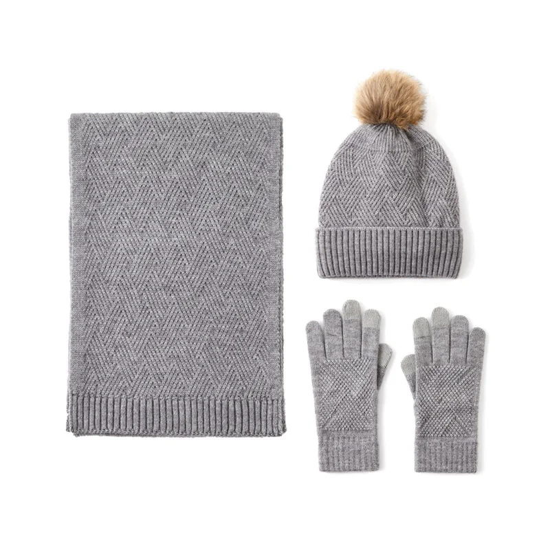 Solid Color Wool Warm Hat Scarf Gloves three-piece Men And Women Autumn Winter Wind Cold Wool Ball Padded Soft Knitting Set