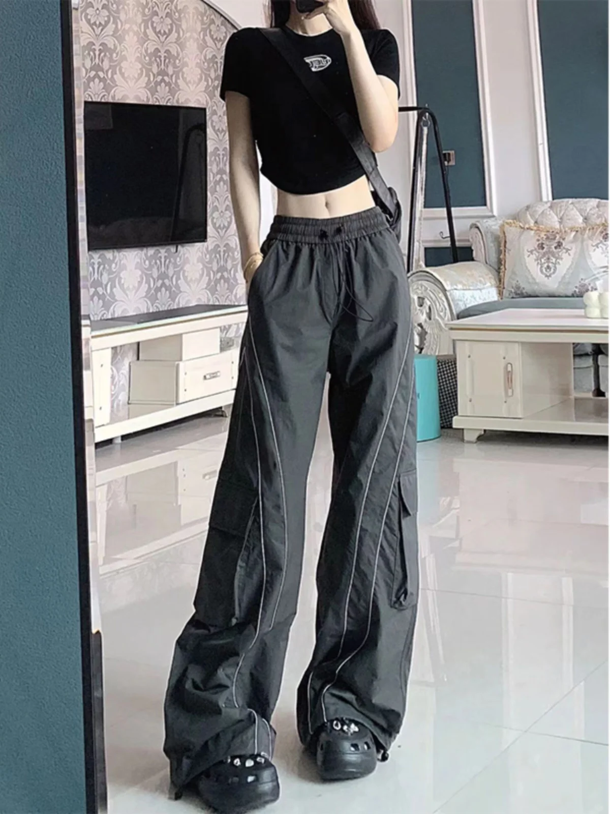 

Off American High Street Loose Women's Work Pants with kets Wide Leg Pants High Waist Slimming Casual Trousers