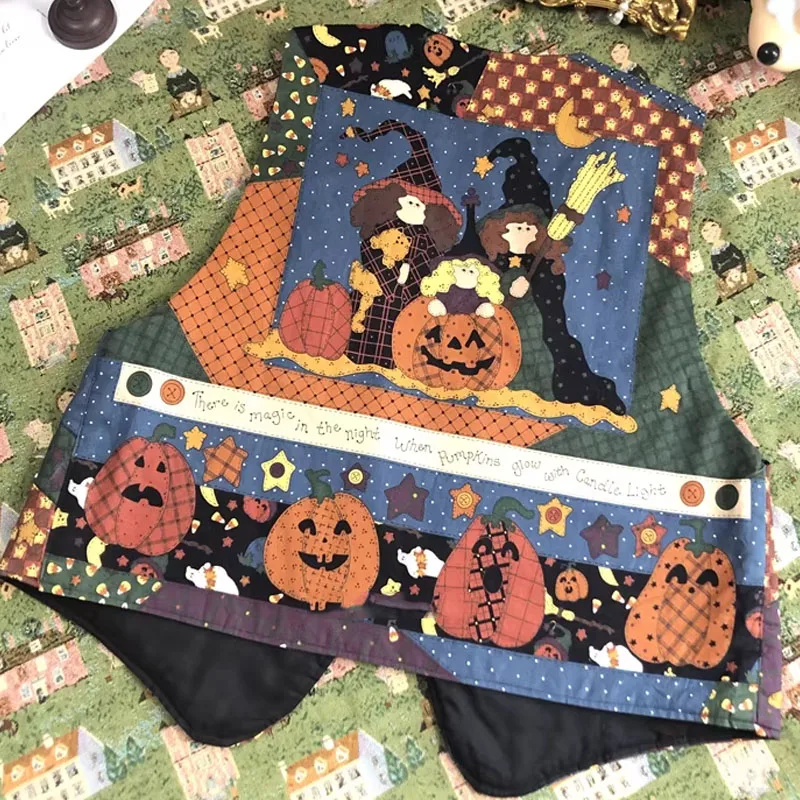 

Винтажный жилет на Хэллоуин и Рождество с вышивкой в стиле пэчворк, топ на пуговицах с цветочным принтом, ностальгический стеганый жилет на осень и зиму