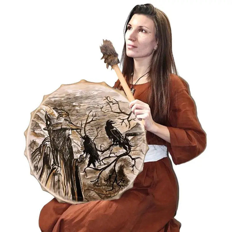 Shamanic Drums Old Man And Crow Shaman Drumsfor Adults Symbol Of The Siberian Drum Spirit Music Drum With Drumstick Wood Music