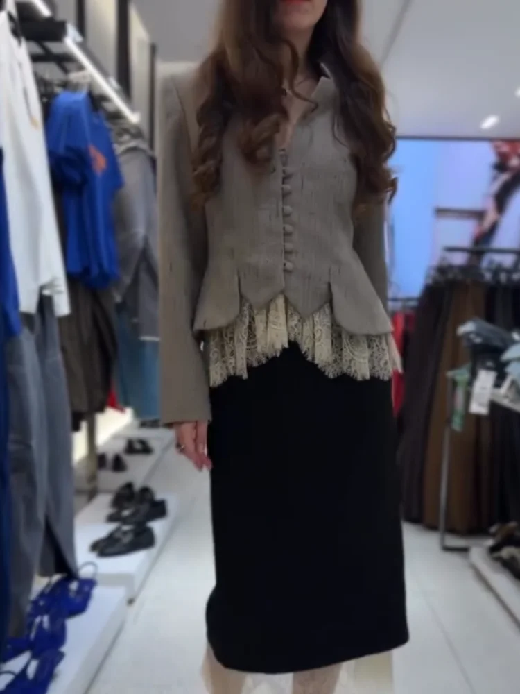 Women Lace Hem Peplum Suit Jacket Chic Stand Collar Single Breasted Slim Fit Short Coat Vintage Office Casual Daily Outerwear