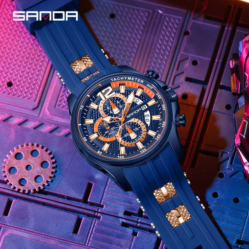

SANDA Men's Sports Watch with Three Eyes and Six Needles Silicone Strap, Waterproof Night Light Chronograph, Men's Quartz Watch