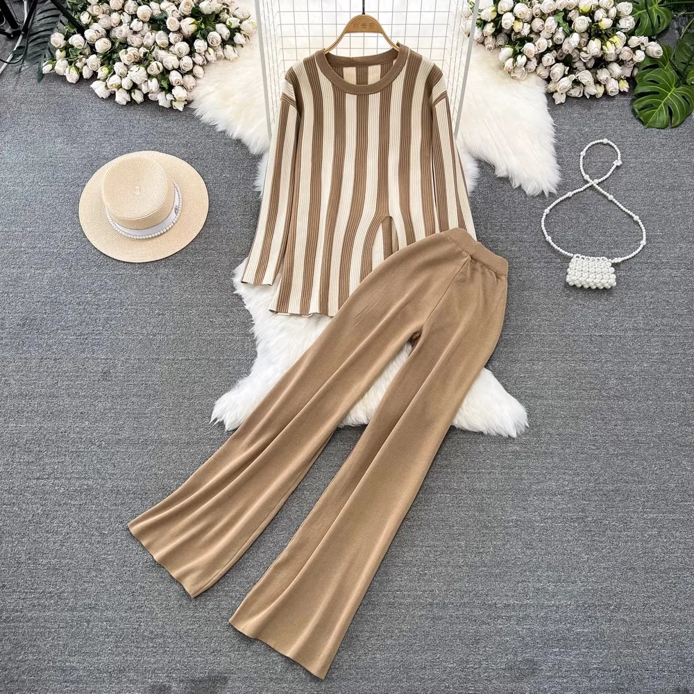 

2023 New Winter Autumn Women Knitting Sweater 2 Piece Set Striped Casual Irrgular Pullover+High Waist Wide Leg Pants Suits