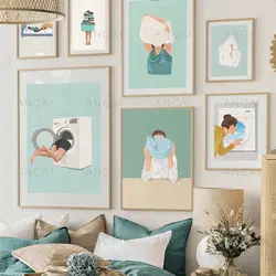 Lavanderia menina máquina de lavar roupa banheira secador de cabelo arte da parede pintura da lona nordic poster impressão imagens para sala estar decoração