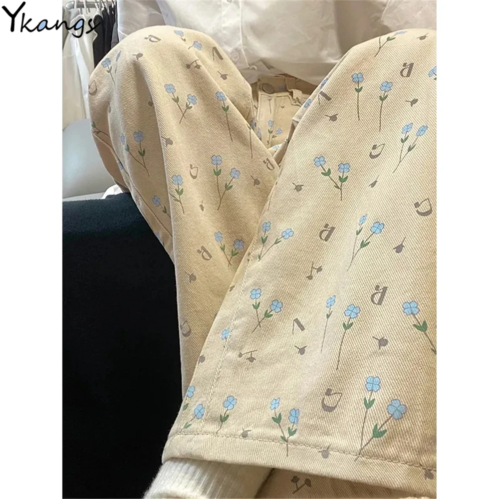 Casual Style Students Y2k Baggy Beige Jeans Women Floral Print Vintage High Waisted Loose Straight Korean Clothes Denim Trousers