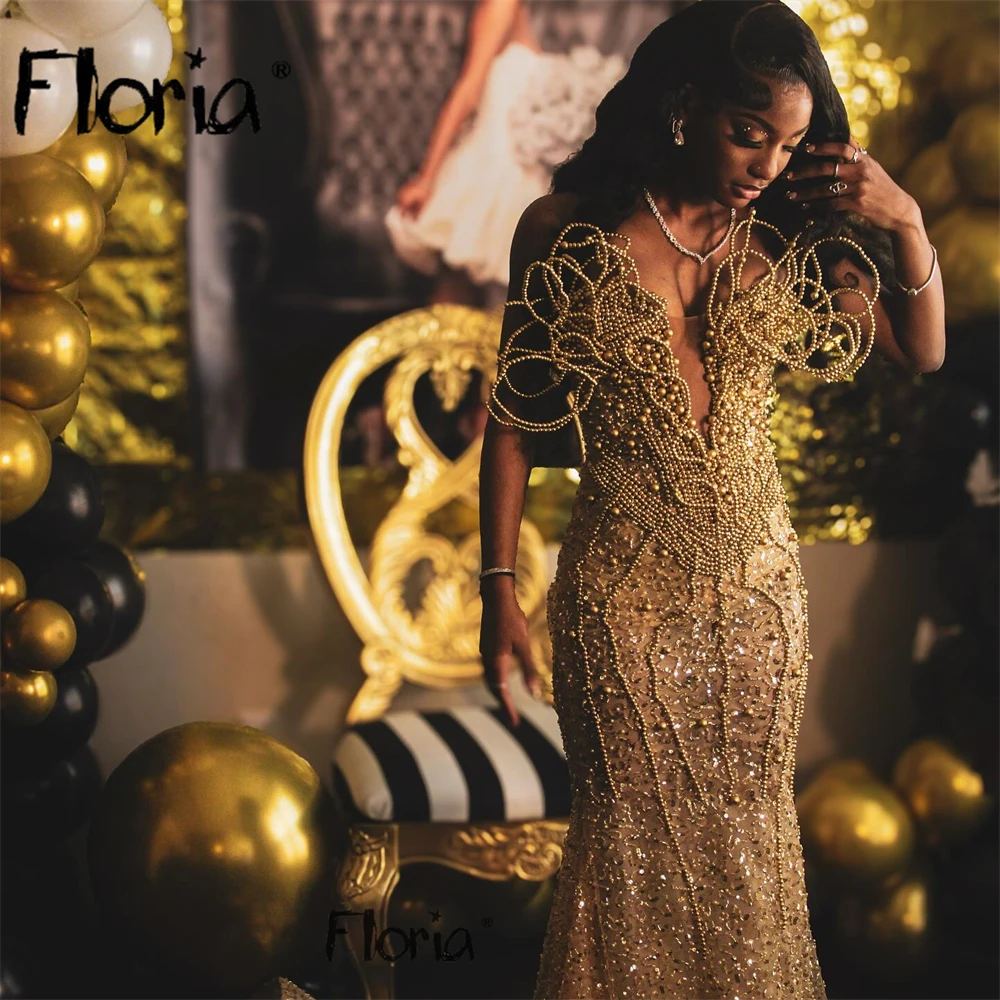 

Sparkly Gold Prom Dresses Long Pearls Bead Crystal Dress Birthday For Women Sequin vestido de graduación do Customized Party