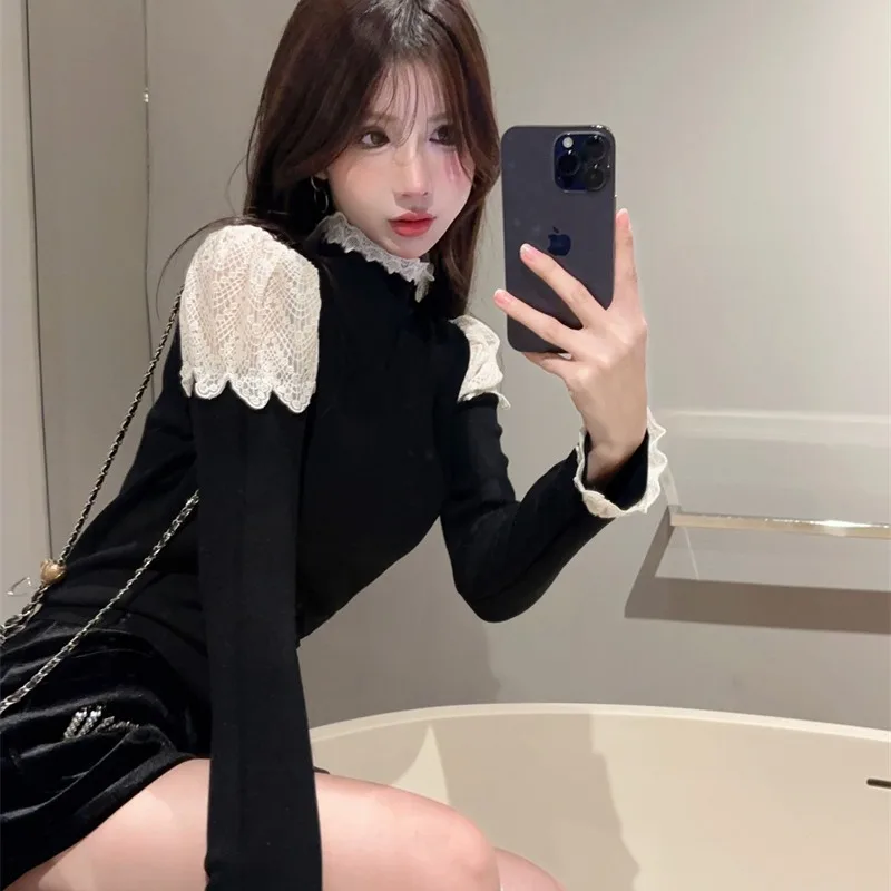 Design sensação renda orelha de madeira f gola alta camere fino ajuste camisola de malha 2025 outono inverno feminino capa base faion