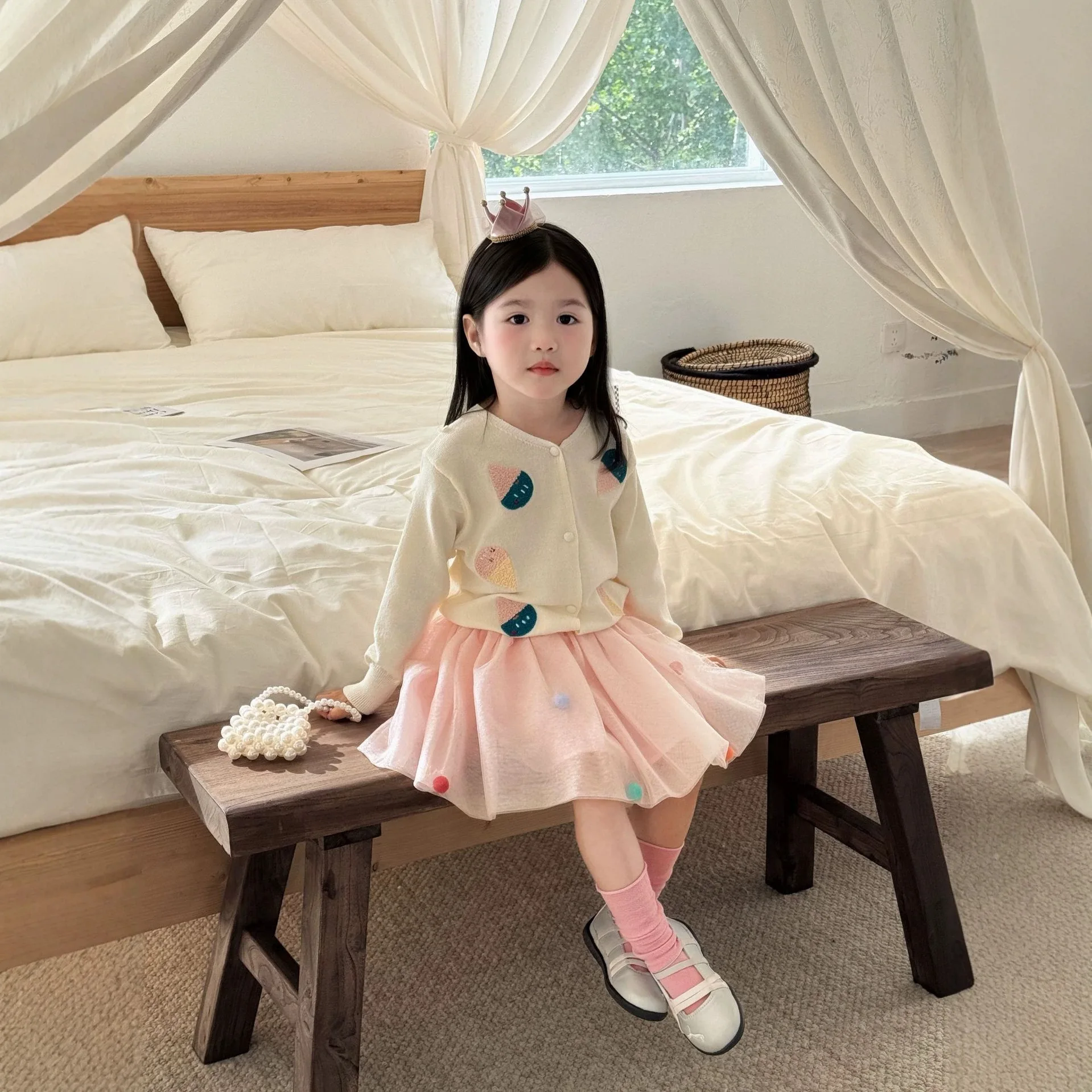 Girl's Spring and Autumn New Cute Ice Cream Milk White Knitted Cardigan Pink Hairball Mesh Puffy Flower Bud Skirt