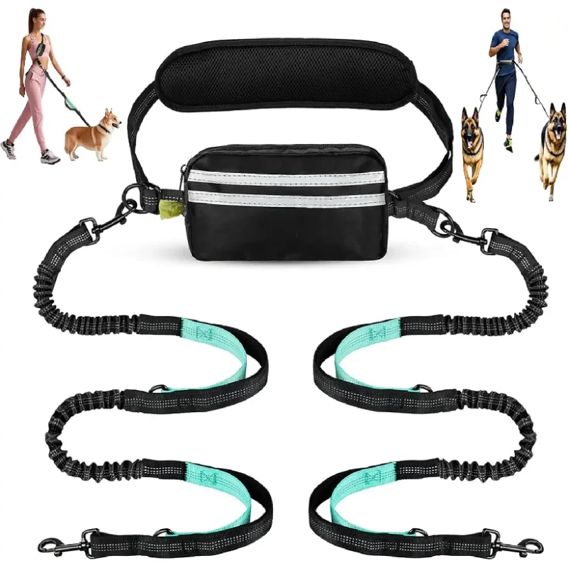 Hands Free Dual Dog Leash with Pouch for Medium & Large Dogs - Crossbody & Waist Leash for Dog Walking - No Pull, Tangle Free