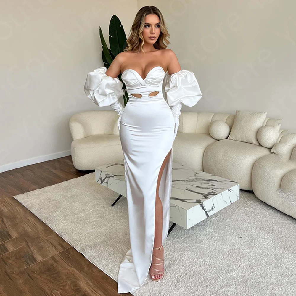 

Charming On Sale Prom Gowns White 2024 Evening Dress High Thigh Slit Birthday Party Dress Off Shoulder Sleeve Robe de Soiree