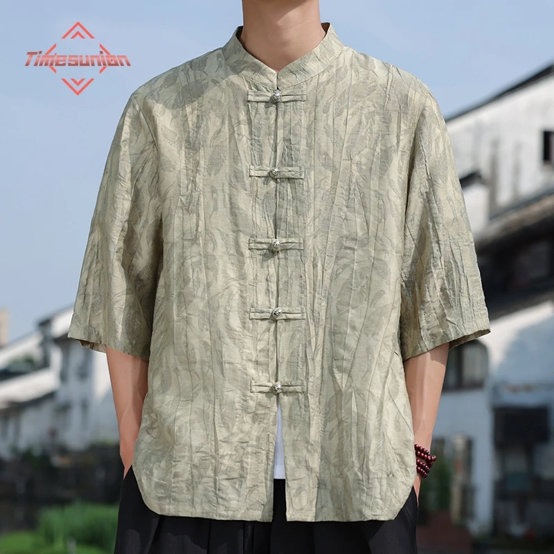 

Chinese Style Summer Shirts for Men Mens Clothing Half Sleeve Men Plus Size Vintage Shirt Silk Jacquard Coat Loose Tops Male