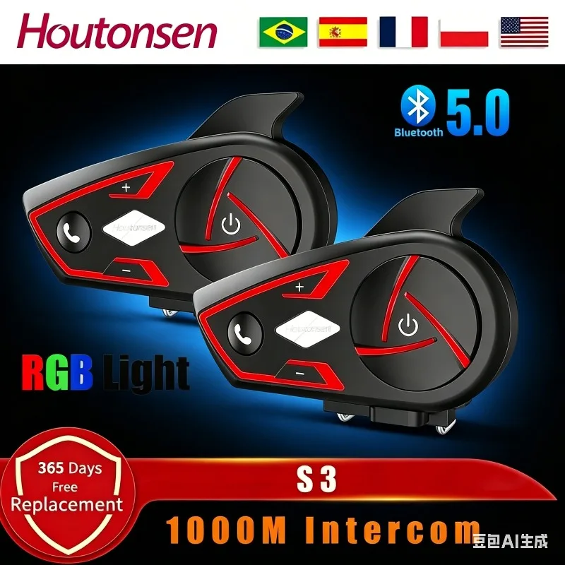 Houtonsen S3 Motorcycle Helmet Bluetooth Communication Headset Intercom Waterproof 1000M RGB Tri-Color Ambient Lamp