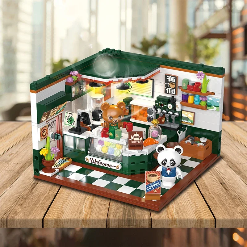 Mini City Street View Coffee Shop Bar Hair Salon Blocks Bricks Creative 3D Puzzle Room Model Toys Friends Children Birthday Gift