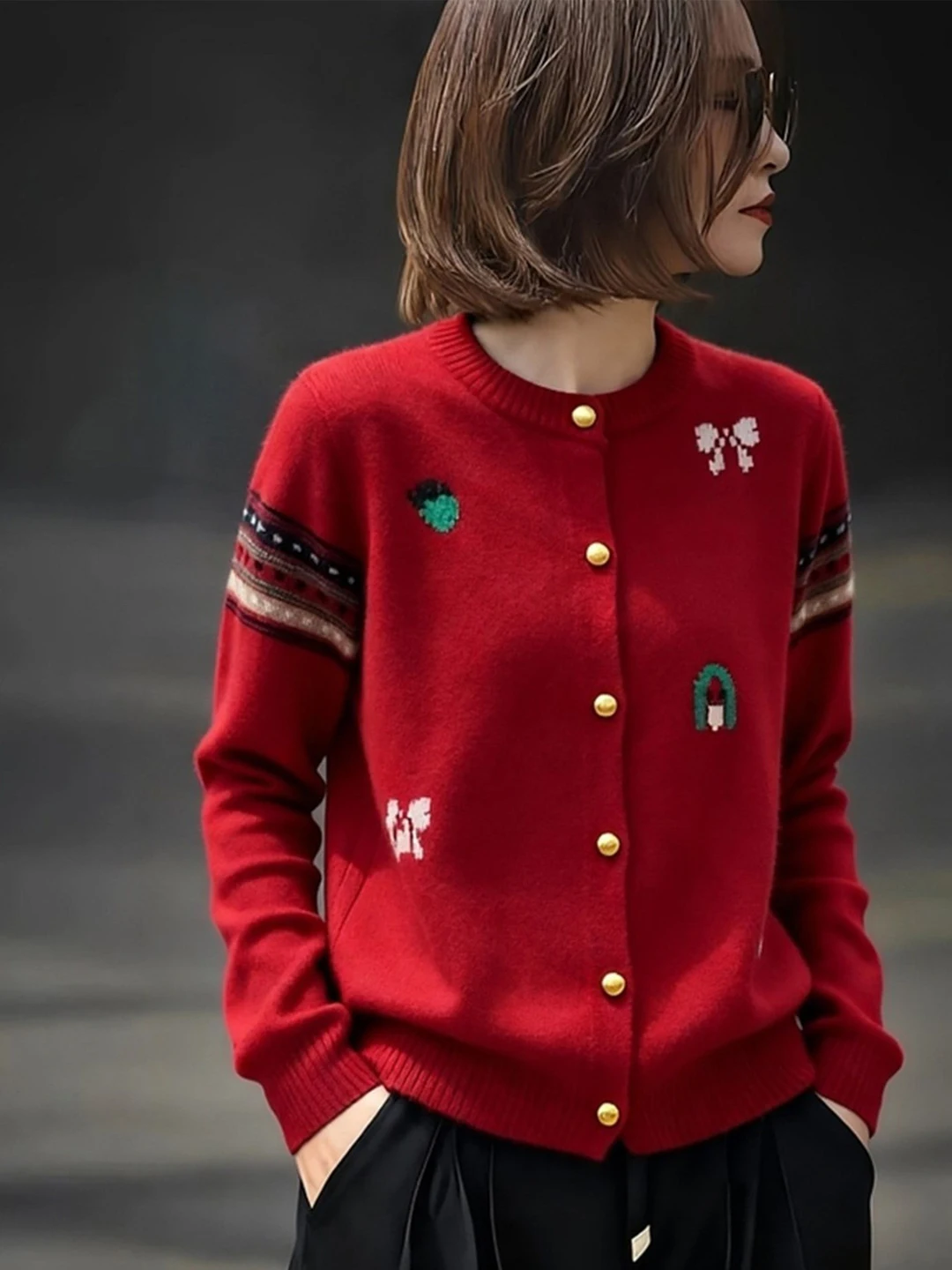 

Red Embroidered New Year Women's Knitwear Cardigan Long Sve round Ne Versatile Single Button Soft Camere Vintage Sle