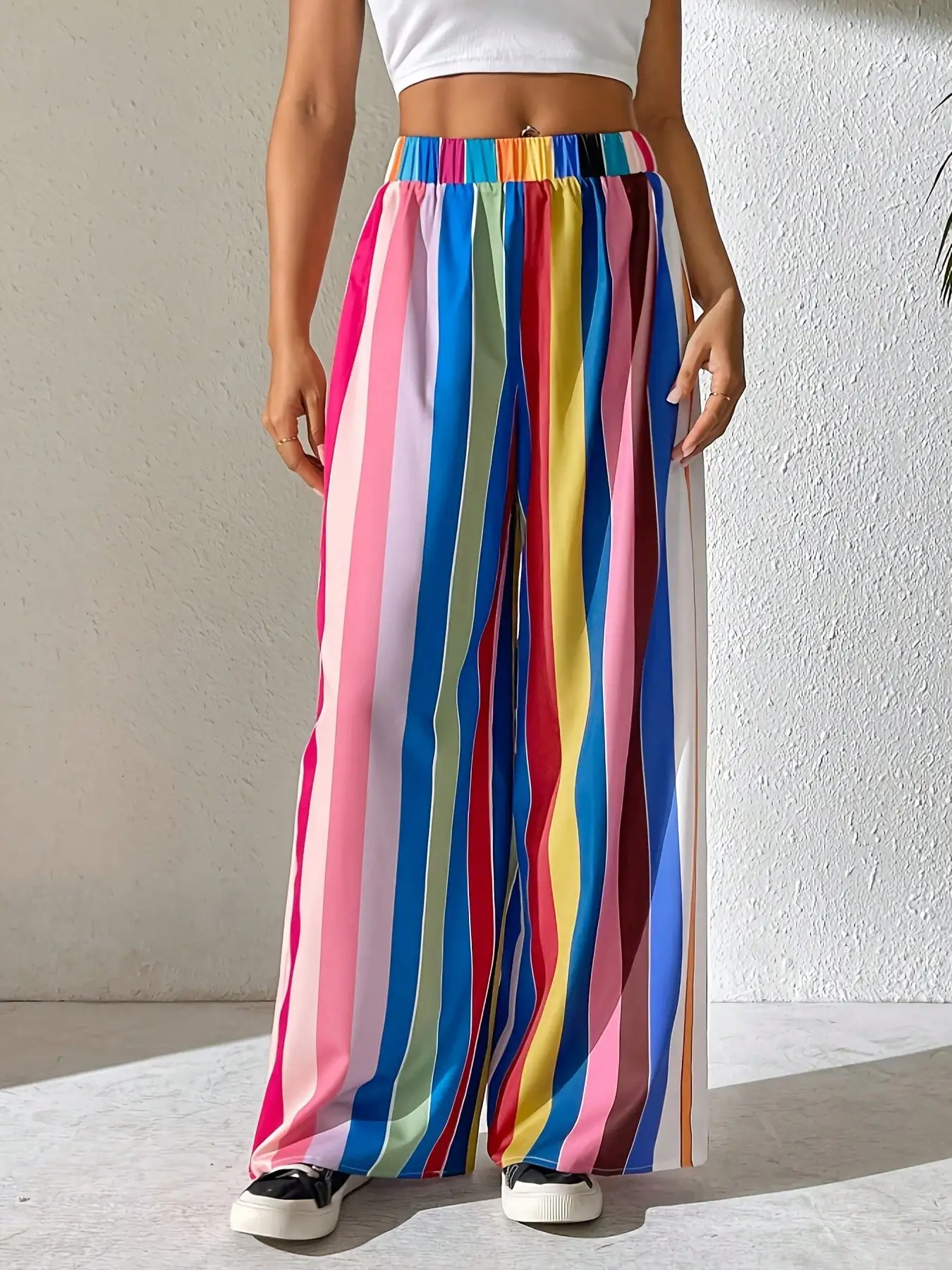 2026 Lässige und elegante Damen-Hose in Übergröße mit elastischem Bund, locker geschnitten, farbig gestreift, bequem, weites Bein, lange Hose – Detail 6