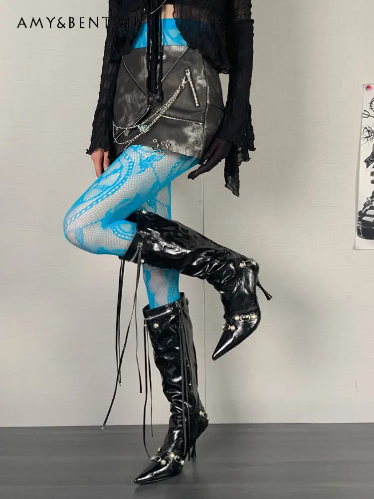 Punk Hot Girl Jacquard Y2k Retro Blue  Thigh High Stockings Women High Street Subculture Sexy Pantyhose Goth Compression Socks