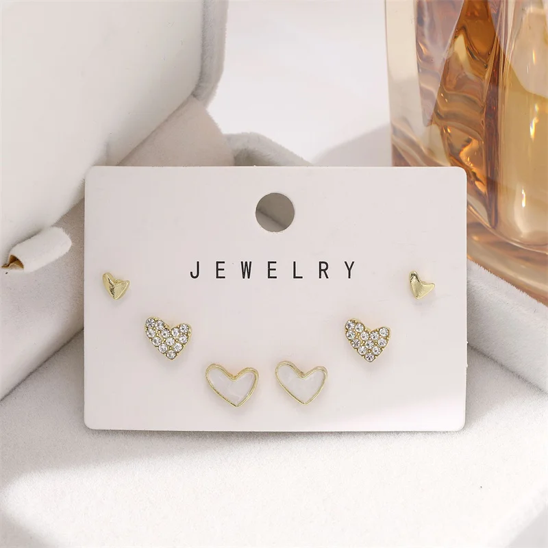 3 Pairs/set Cute Korean Earrings Heart Bling Zircon Shell Versatile Gold Color Earring for Women Fashion Jewelry 2026 New Gifts