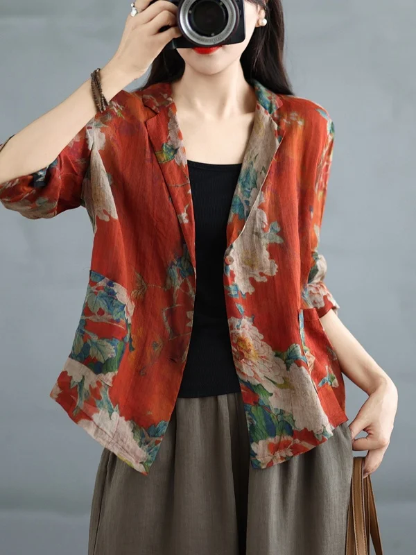 

Retro Cotton Linen Printed Short Suit Jacket Women's Spring High End Personality Slimming Sun Protection Long Sleeve Open Car...