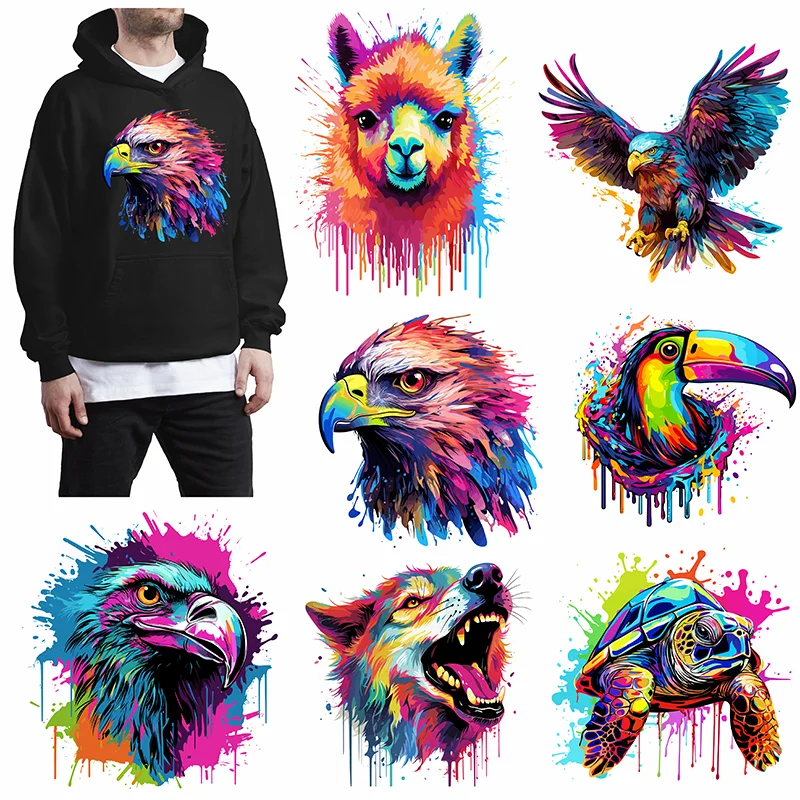 男性と女性のための防水落書き動物パッチ,イーグルとオオカミの服,dtf,鉄の熱伝達,Tシャツ,フード付きジャケット,美しいフー