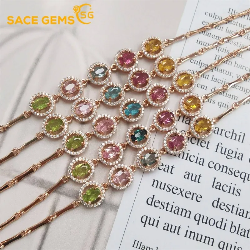 

SACE GEMS Luxury 925 Sterling Silver 4*6MM Natual Tourmaline Gemstone Bracelrts for Women Engagement Cocktail Party Fine Jewelry