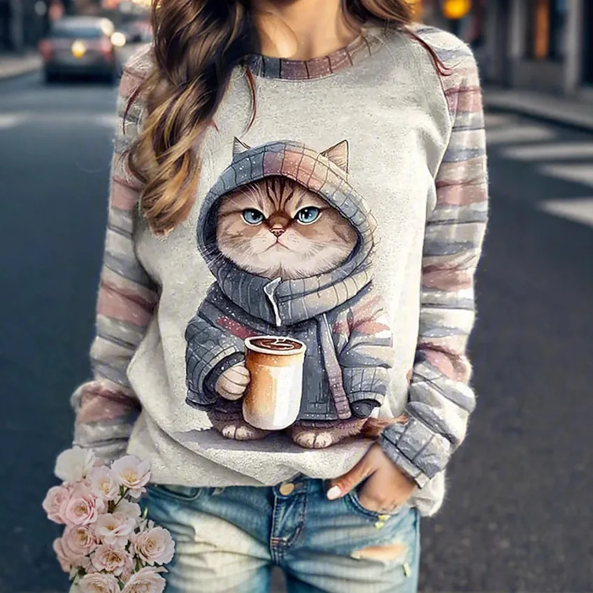 Women\'s round neck hoodie animal cat 3D printed shoulder style autumn and winter European and American T-shirt women\'s clothing