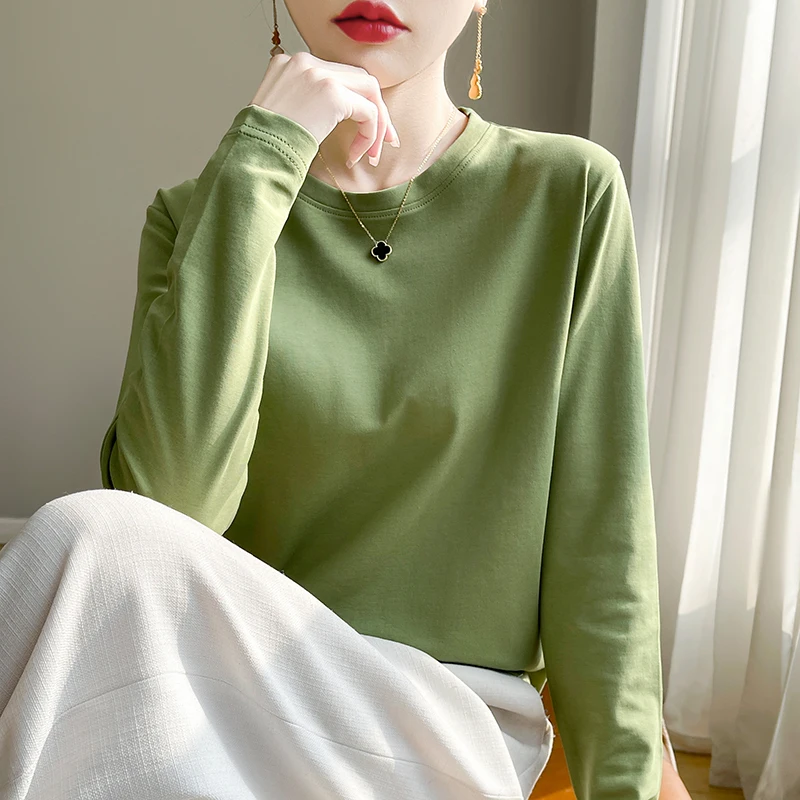 Mercerized cotton long-sleeved T-shirt Spring and Autumn new round neck cotton bottoming shirt loose foreign style Xinjiang cott