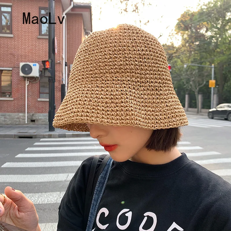 Beach Korean Straw Hat Summer Women Visor Bucket Hat Fisherman Hat Hand weaving Panama Girl Fishing Chapeau Sun Hats for Women