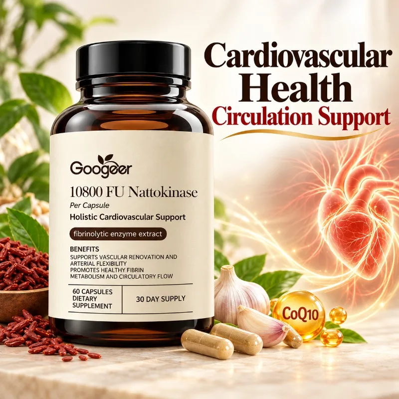 Nattokinase 10800 FU Capsules Cardiovascular Health & Circulation Support CoQ10 Red Yeast Rice Garlic Extract 60 Count