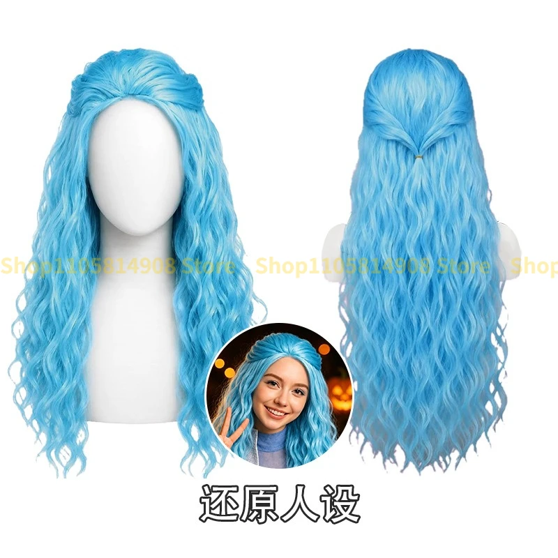 Descendants Evie Chloe Cosplay Wig, Bright Blue Mid-Length Curly Synthetic Wig Halloween Stage Show Cosplay Hair Accessory