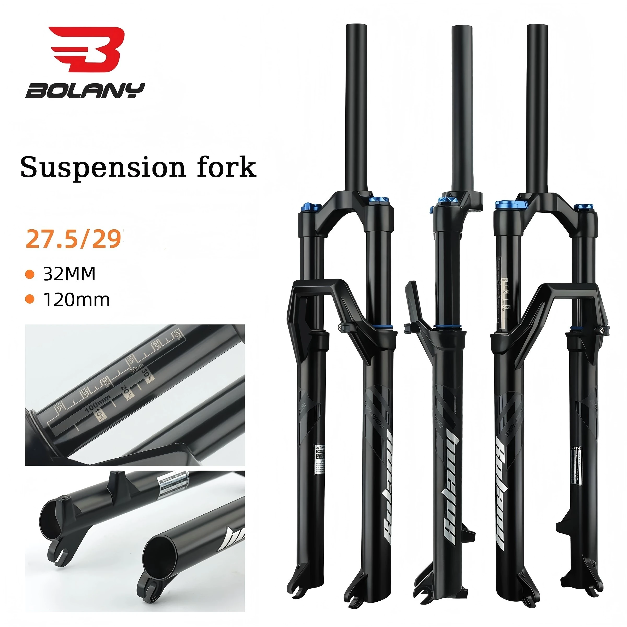 

BOLANY MTB Suspension Air Fork 32mm, 29" MTB Accessories, 120mm Travel, Shoulder Lockout, 9x100mm Quick Release Bike Parts