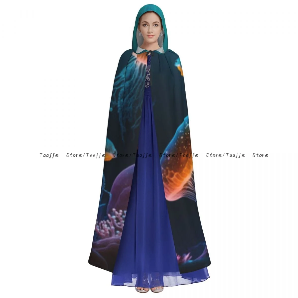 Medieval Halloween Cosplay Cloak Hooded Coat Jellyfish In The Ocean Sea Cape Coat Long Trench Costume Wizard Cloak