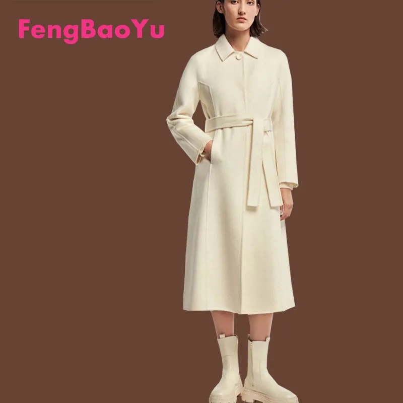 Luxury Cashmere Women's Coat Autumn and Winter Vintage Classic Wool Coat White Lace-up Temperament Soft Smooth Women's Clothes