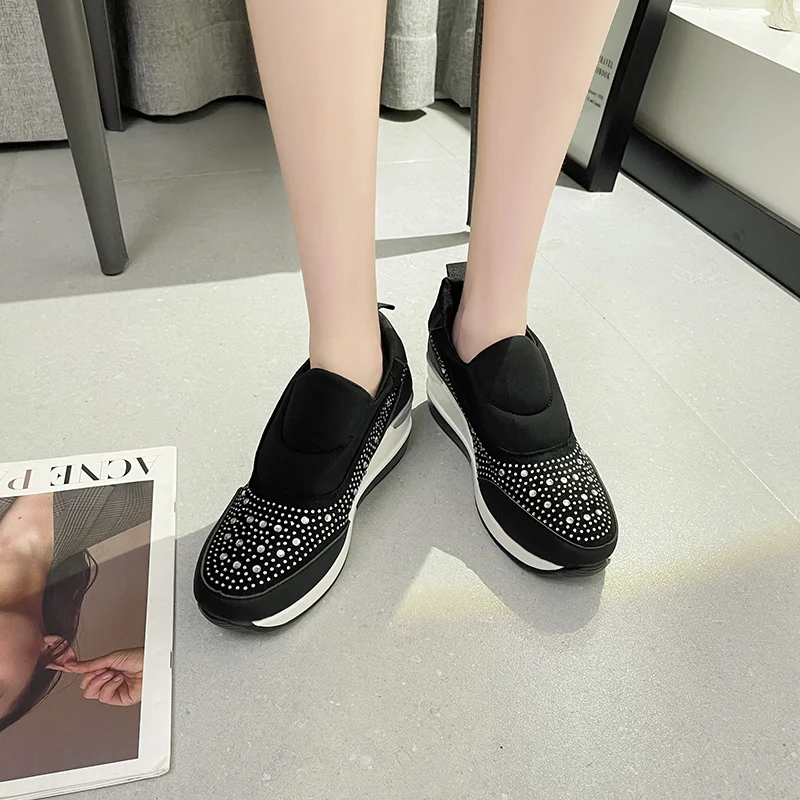 Rhinestone Sneakers for Women 2023 New Spring Black Slip-On Ladies Casual Ladies Sneakers Breathable Mesh Light Vulcanized Shoes