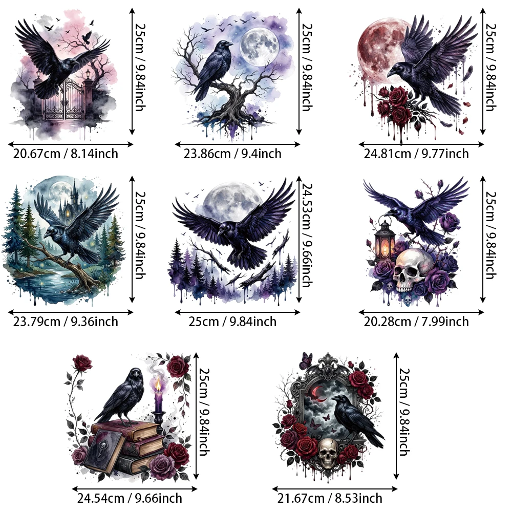 8Pcs Dead Tree Lone Crow Vinyl Stickers, Watercolor Texture, Easy Transfer for Hair Accessories & Party Table Flags