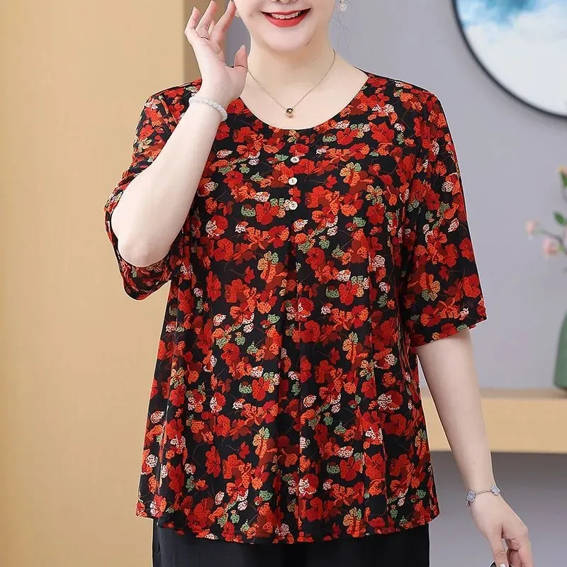 Women Floral Print Plus Size Short Sleeve T-shirt Loose Blouse for Elderly