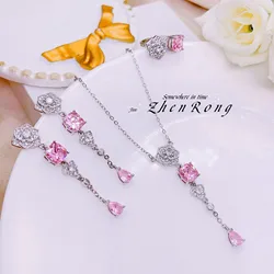 2023 New Arrival 925 Sterling Silver Water Drop Zircon Jewelry Set Female Luxury Wedding Engagement Flower Ring/Earring/Necklace