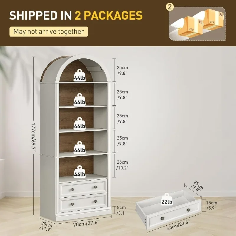 RALGEND Farmhouse Arched Bookshelf Set of Tiers Arch Bookcase with Spacious Drawers, Modern Book Shelf with Open Display Shelves