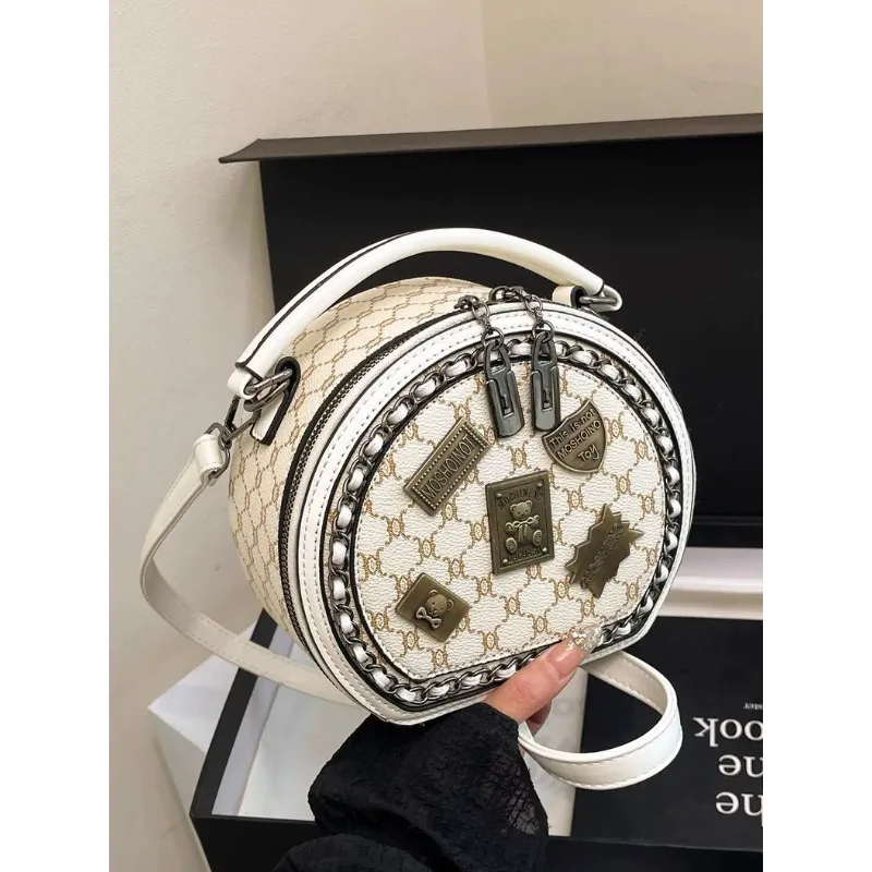 

Популярная маленькая круглая сумка в стиле ретро с заклепками, персонализированные наклейки, летняя универсальная женская сумка-мессенджер, изысканная простая индивидуальная сумка