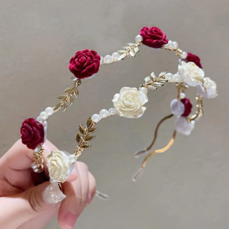 Elegant Velvet Rose Headband Hair Accessories Headdress Girls Vintage Metal Flower Pearl Red White Rose Tiara Hairbands