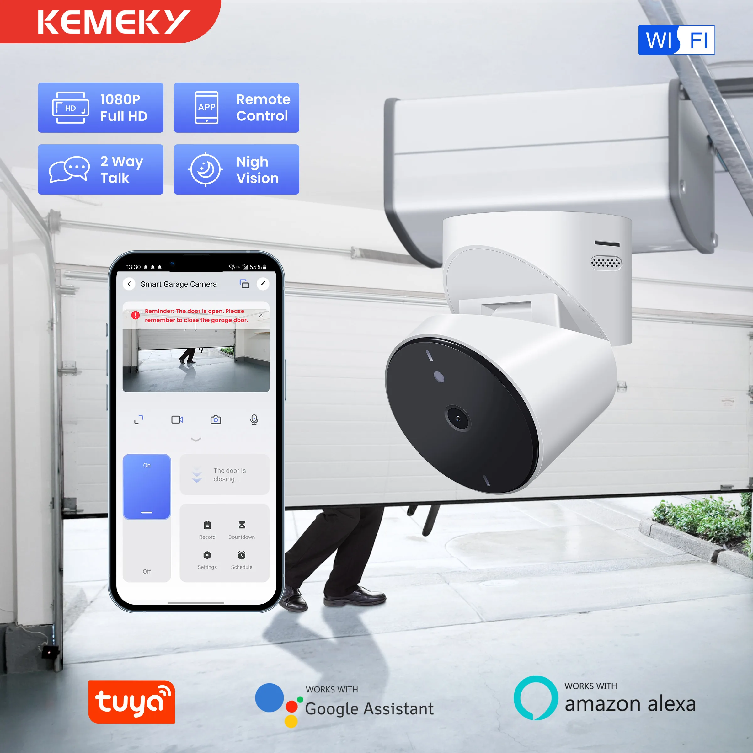 KEMEK WiFi Garage Door Opener with Security Camera 1080P Smart Garage Camera Supports 2-way Talk Night Vision Motion Detection