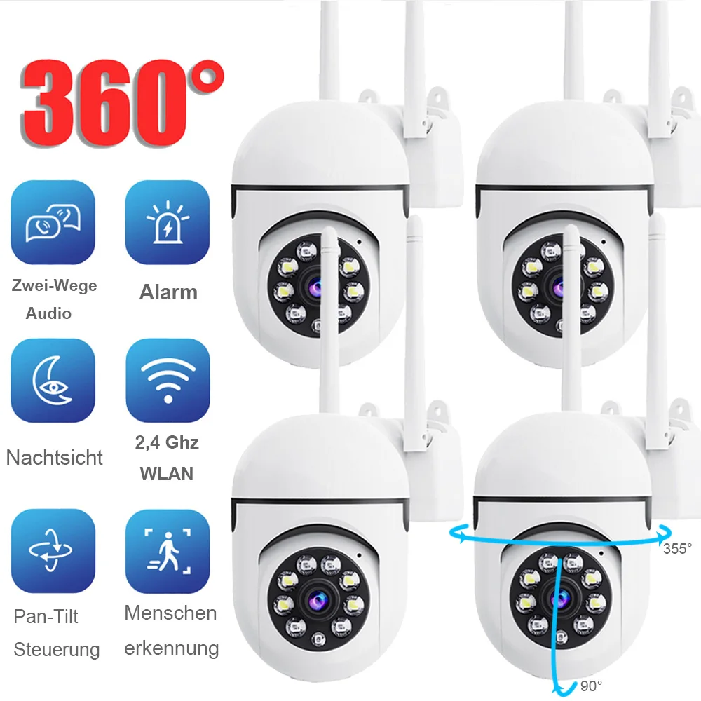 4 Stück Kabellose Sicherheitskamera 3MP WLAN Schwenk-/Neige-Überwachungskamera Haustier-Babyüberwachung Nachtsicht Audio-Sirenenalarm Automatische Verfolgung
