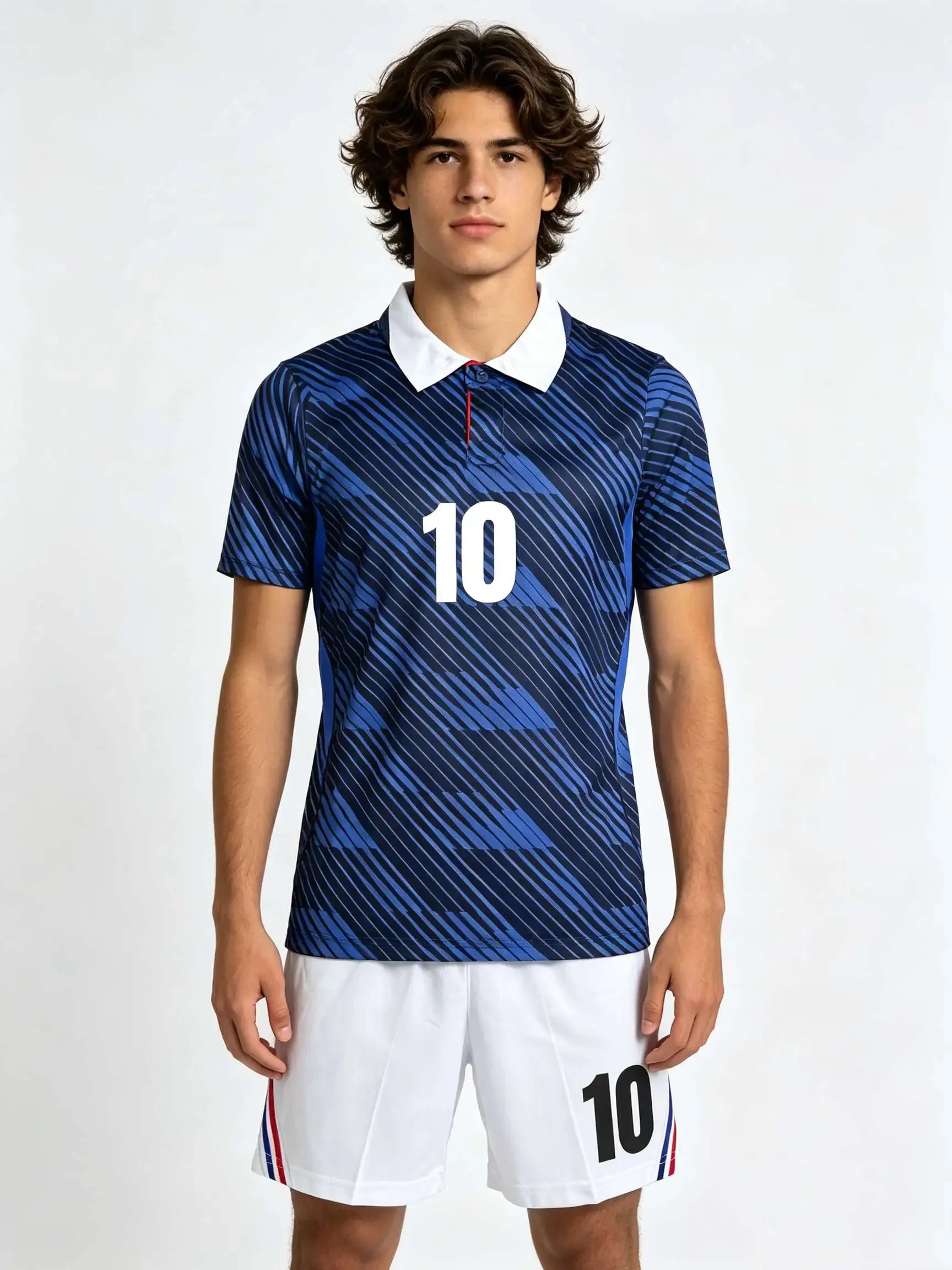 26/27 Unisex Blank Soccer 2‑Piece Set, Kids Adults Parent‑Child Kit, Custom No.1 7 8 9 10White collared shirt with blue stripes